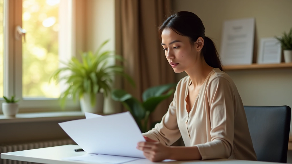 Femme consultant un document de remboursement santé à son domicile
